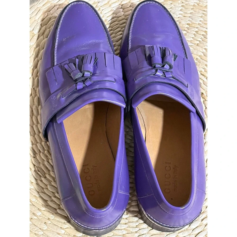 Gucci Purple Leather Tassel Kiltie Loafers Men's Size 44.5 E Made In Italy